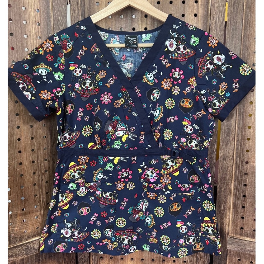 Tokidoki by Koi Navy Day of the Dead Scrub Top Size Small kawaii workwear